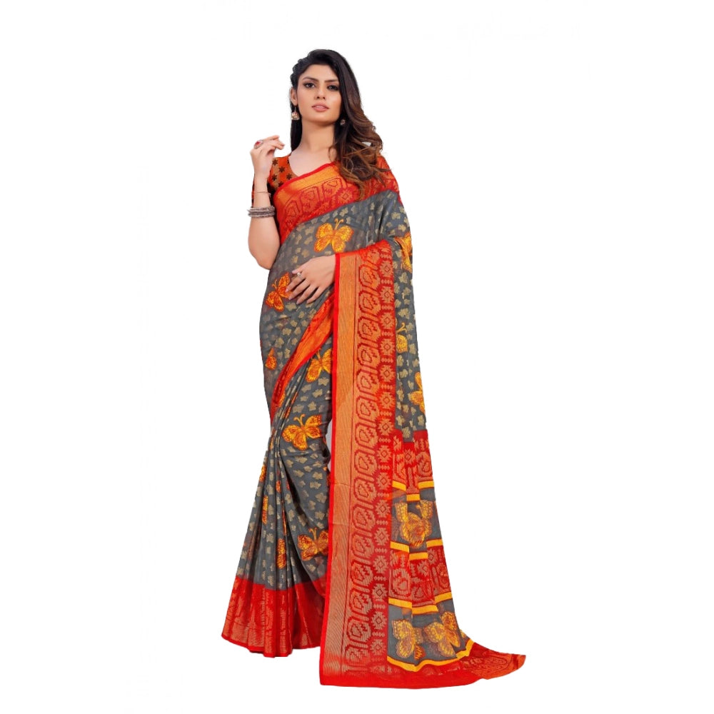 pkrkart Women's Viscose Rayon Printed Saree With Unstitched Blouse (Grey)