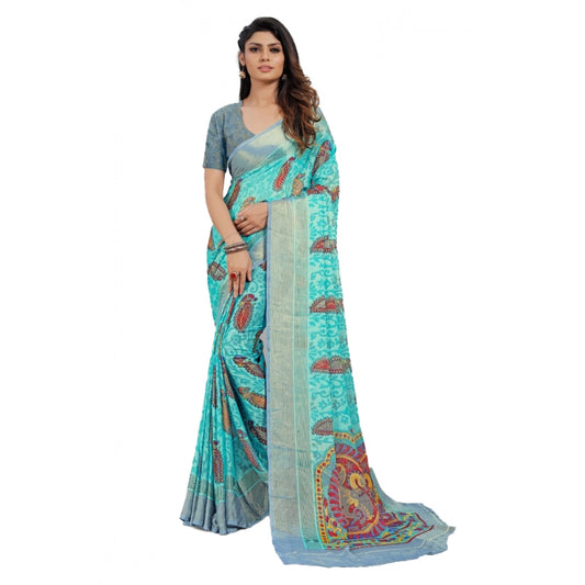 pkrkart Women's Viscose Rayon Printed Saree With Unstitched Blouse (Sky Blue)