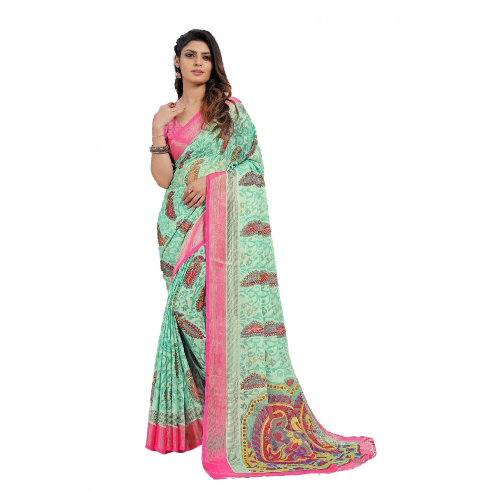 pkrkart Women's Viscose Rayon Printed Saree With Unstitched Blouse (Teal)