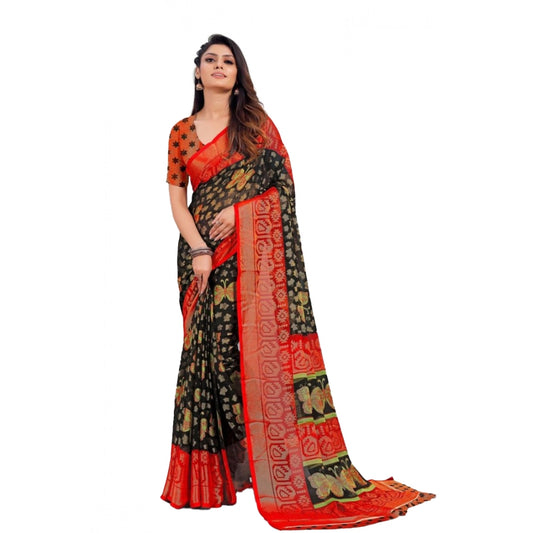 pkrkart Women's Viscose Rayon Printed Saree With Unstitched Blouse (Black)