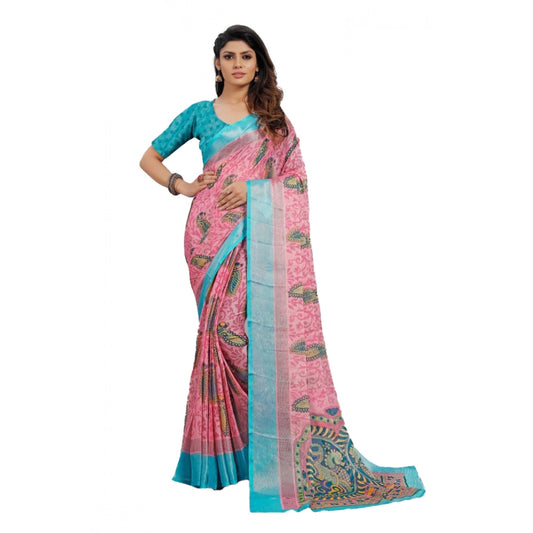 pkrkart Women's Viscose Rayon Printed Saree With Unstitched Blouse (Pink)