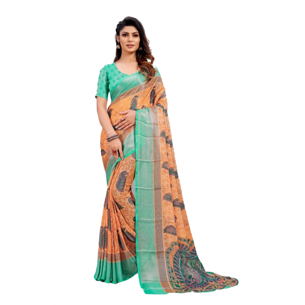 pkrkart Women's Viscose Rayon Printed Saree With Unstitched Blouse (Orange)