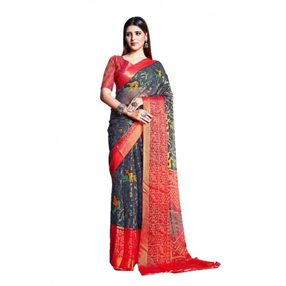 pkrkart Women's Viscose Rayon Printed Saree With Unstitched Blouse (Grey)
