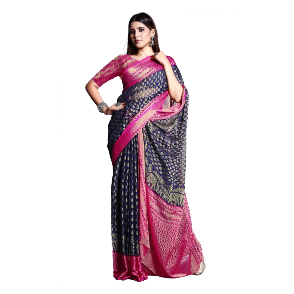 pkrkart Women's Viscose Rayon Printed Saree With Unstitched Blouse (Navy Blue)