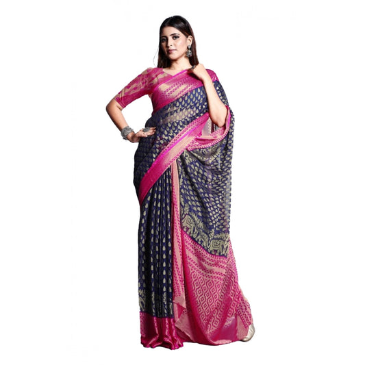 pkrkart Women's Viscose Rayon Printed Saree With Unstitched Blouse (Navy Blue)