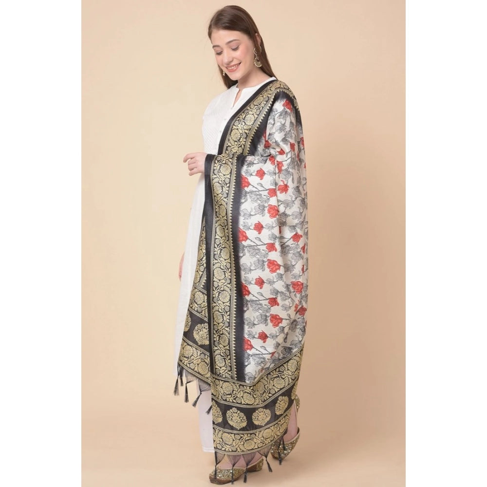 pkrkart Women's Art Silk Printed Dupatta (Black, Length: 2.25 to 2.50 Mtr)