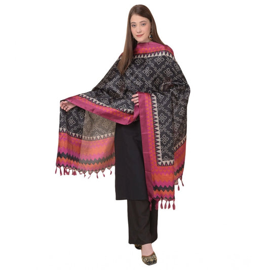 pkrkart Women's Art Silk Printed Dupatta (Black, Length: 2.25 to 2.50 Mtr)
