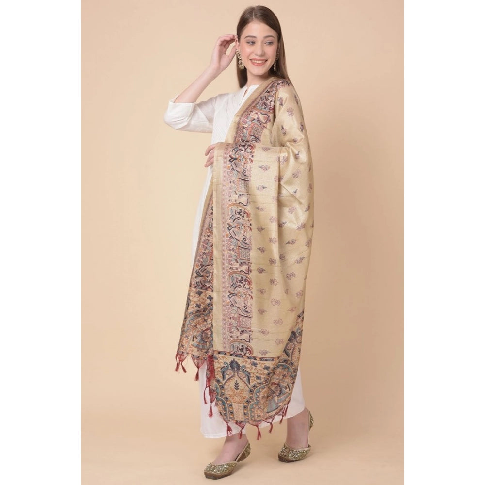 pkrkart Women's Art Silk Printed Dupatta (Gold, Length: 2.25 to 2.50 Mtr)