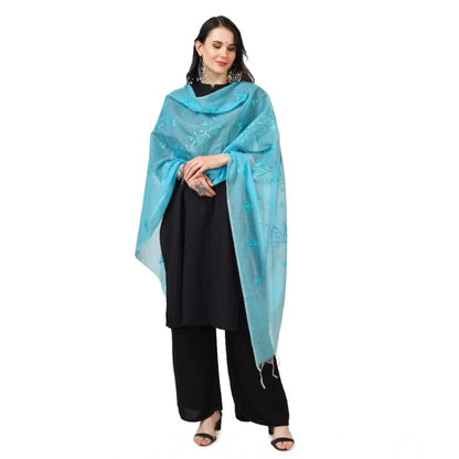 pkrkart Women's Cotton Embroidered Dupatta (Aqua Blue, Length: 2.25 to 2.50 Mtr)
