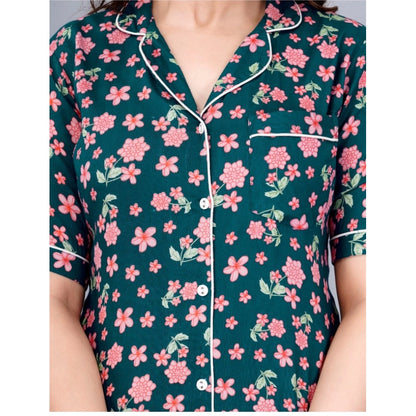 PKRKART Women's Casual Half Sleeve Printed Viscose Rayon Shirt With Pyjama Pant Night Suit Set (Teal)