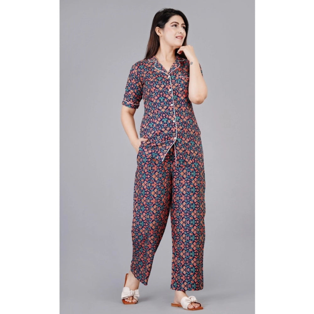 PKRKART Women's Casual Half Sleeve Printed Viscose Rayon Shirt With Pyjama Pant Night Suit Set (Blue)
