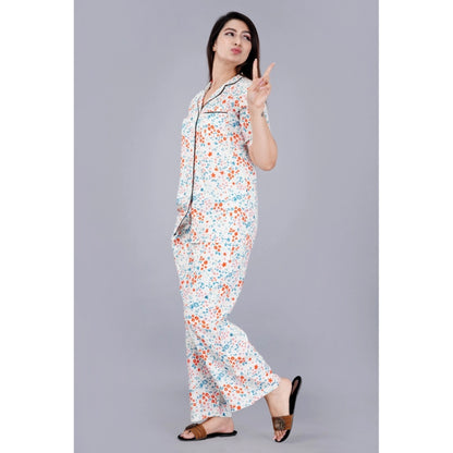 PKRKART Women's Casual Half Sleeve Printed Viscose Rayon Shirt With Pyjama Pant Night Suit Set (White)