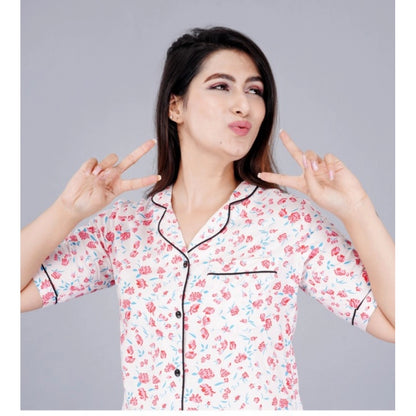 PKRKART Women's Casual Half Sleeve Printed Viscose Rayon Shirt With Pyjama Pant Night Suit Set (Baby Pink)