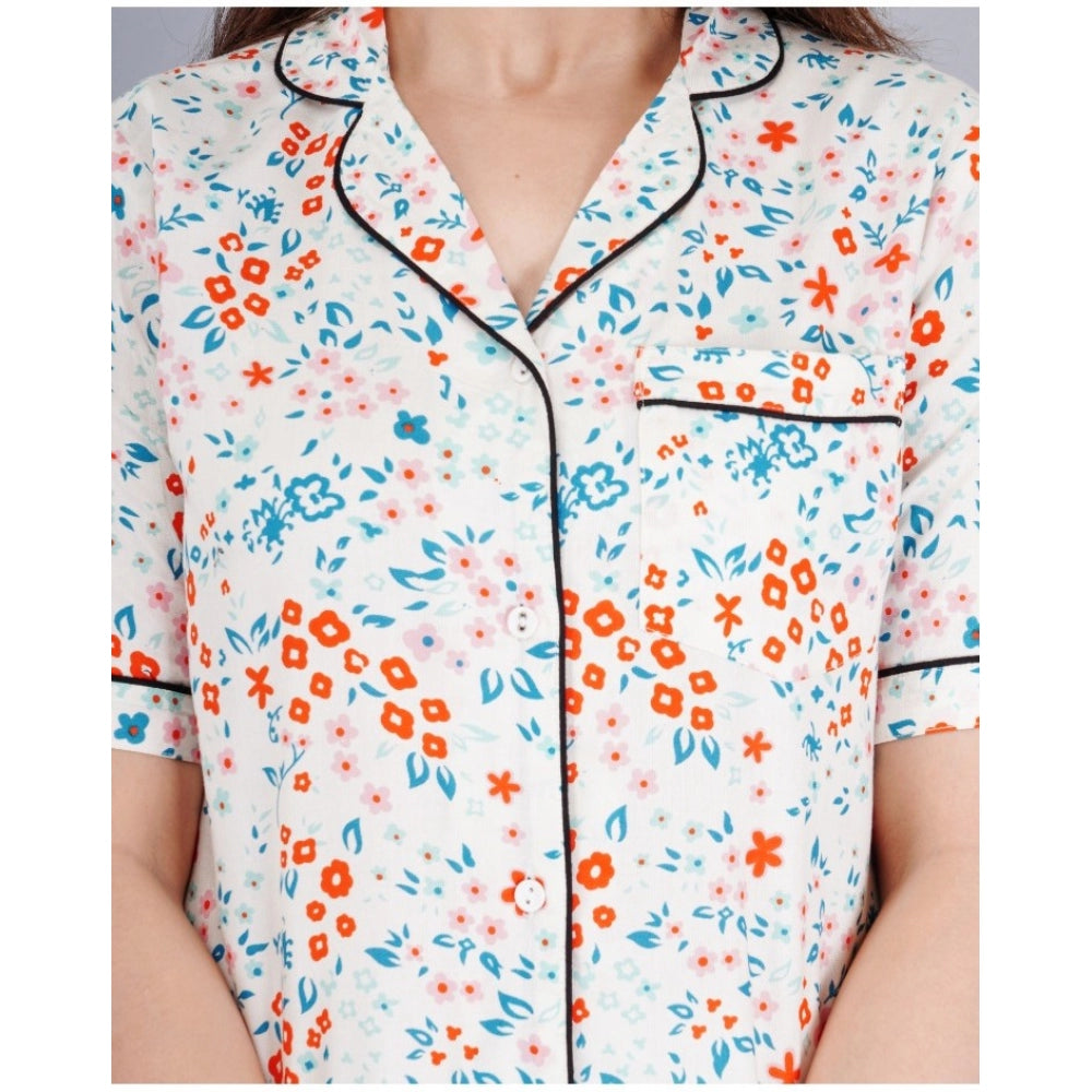 PKRKART Women's Casual Half Sleeve Printed Viscose Rayon Shirt With Pyjama Pant Night Suit Set (White)