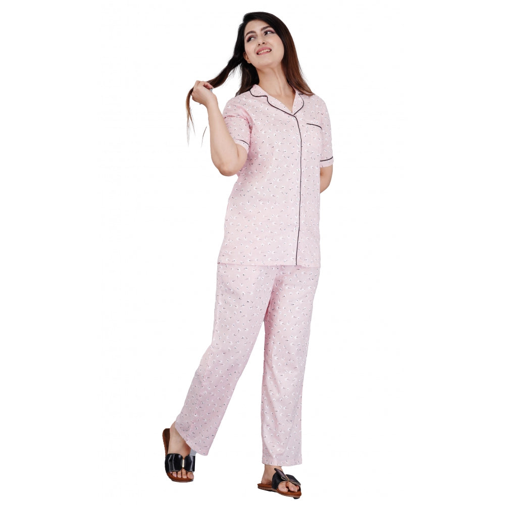 PKRKART Women's Casual Half Sleeve Printed Viscose Rayon Shirt With Pyjama Pant Night Suit Set (Pink)