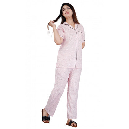 PKRKART Women's Casual Half Sleeve Printed Viscose Rayon Shirt With Pyjama Pant Night Suit Set (Pink)