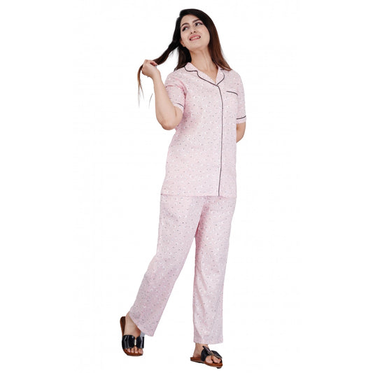 PKRKART Women's Casual Half Sleeve Printed Viscose Rayon Shirt With Pyjama Pant Night Suit Set (Pink)