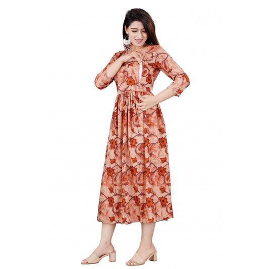 pkrkart Women's Casual 3/4 Sleeve Printed Viscose Maternity Feeding Kurti (Brown)
