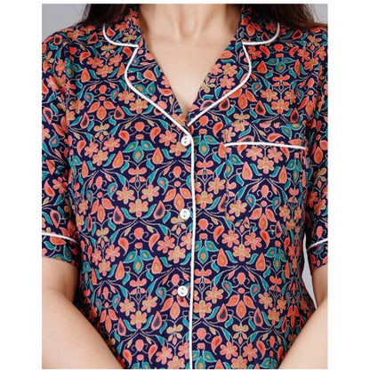 PKRKART Women's Casual Half Sleeve Printed Viscose Rayon Shirt With Pyjama Pant Night Suit Set (Blue)