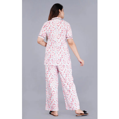 PKRKART Women's Casual Half Sleeve Printed Viscose Rayon Shirt With Pyjama Pant Night Suit Set (Baby Pink)