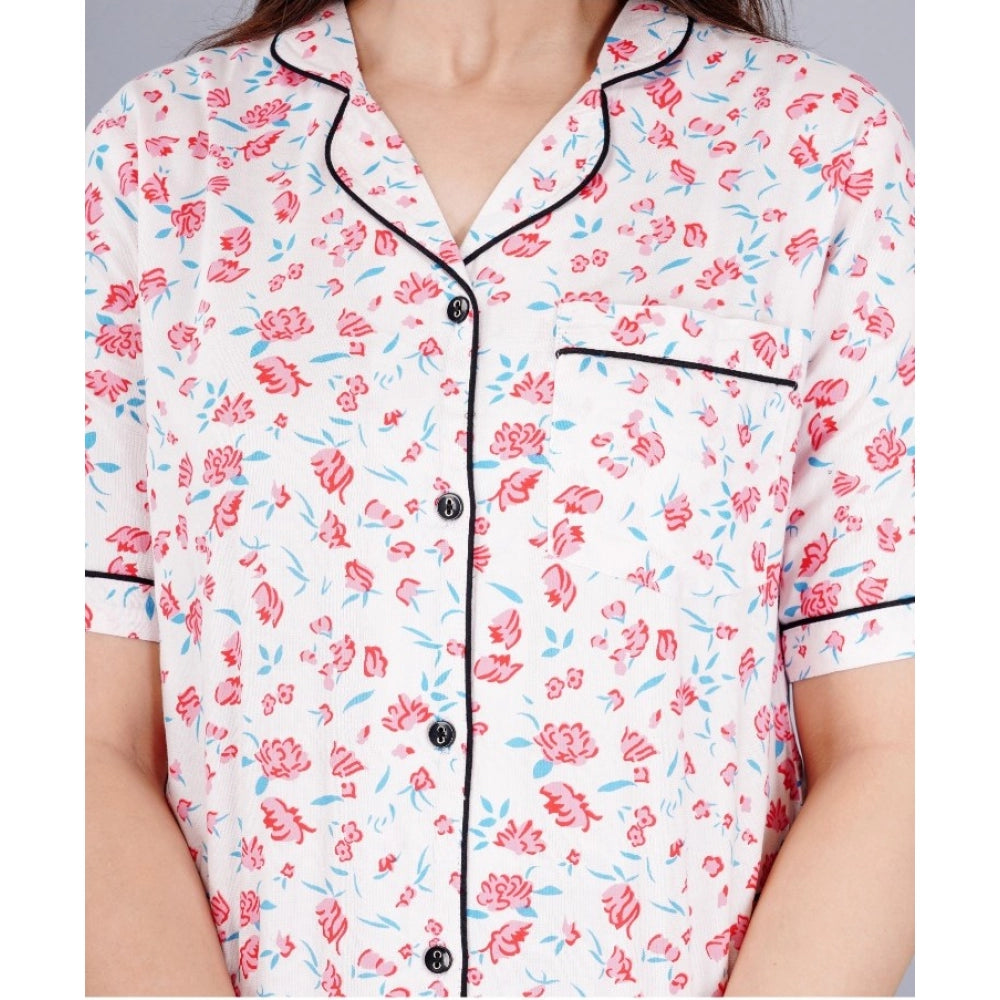 PKRKART Women's Casual Half Sleeve Printed Viscose Rayon Shirt With Pyjama Pant Night Suit Set (Baby Pink)