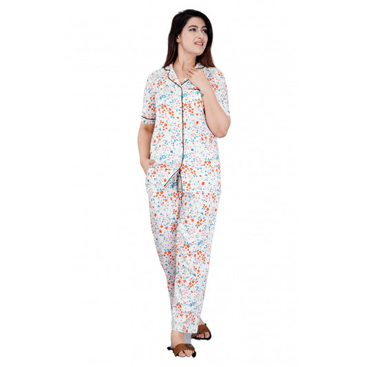 PKRKART Women's Casual Half Sleeve Printed Viscose Rayon Shirt With Pyjama Pant Night Suit Set (White)