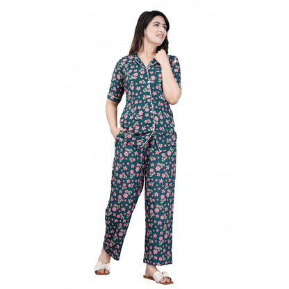 PKRKART Women's Casual Half Sleeve Printed Viscose Rayon Shirt With Pyjama Pant Night Suit Set (Teal)
