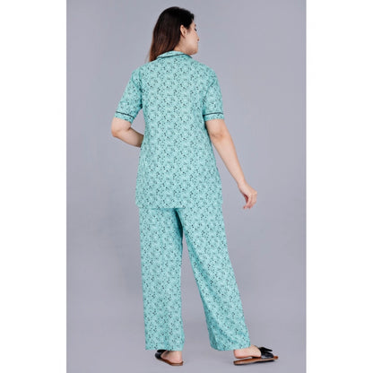 PKRKART Women's Casual Half Sleeve Printed Viscose Rayon Shirt With Pyjama Pant Night Suit Set (Green)