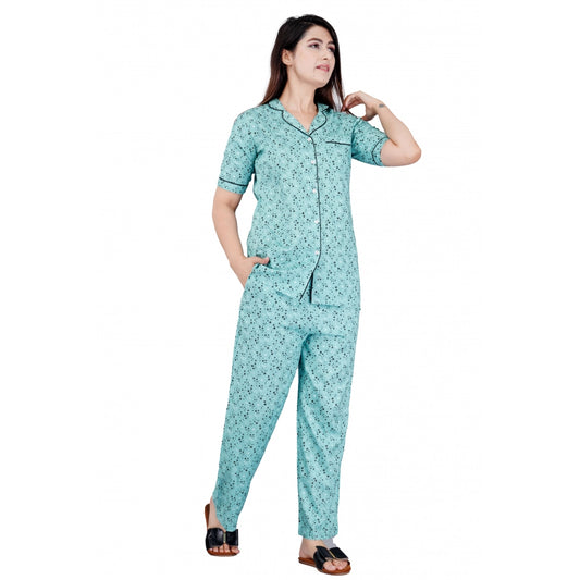 PKRKART Women's Casual Half Sleeve Printed Viscose Rayon Shirt With Pyjama Pant Night Suit Set (Green)