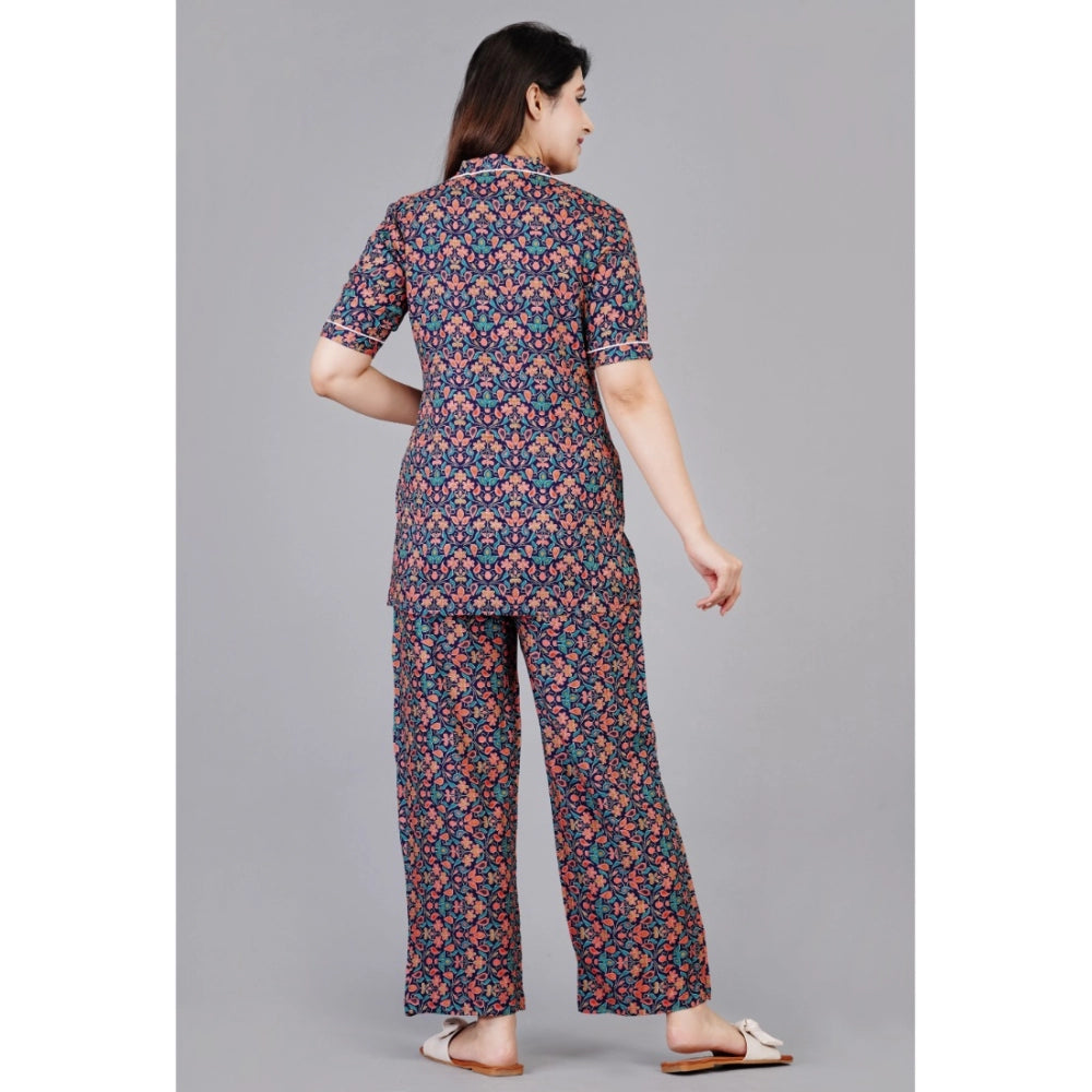 PKRKART Women's Casual Half Sleeve Printed Viscose Rayon Shirt With Pyjama Pant Night Suit Set (Blue)