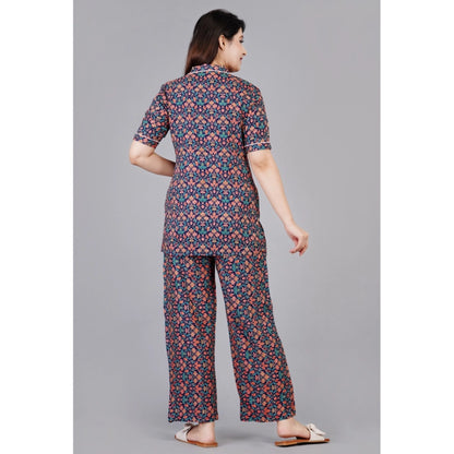 PKRKART Women's Casual Half Sleeve Printed Viscose Rayon Shirt With Pyjama Pant Night Suit Set (Blue)