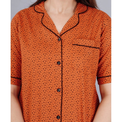 PKRKART Women's Casual Half Sleeve Printed Viscose Rayon Shirt With Pyjama Pant Night Suit Set (Brown)