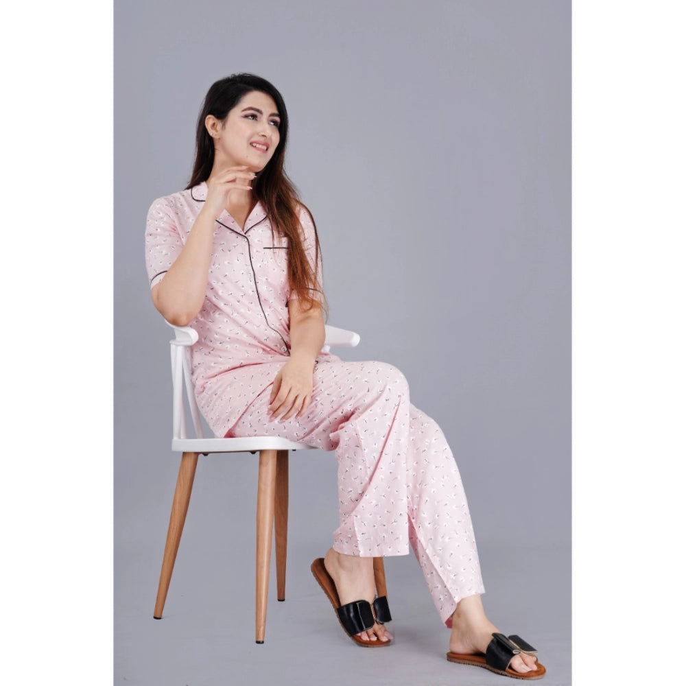 PKRKART Women's Casual Half Sleeve Printed Viscose Rayon Shirt With Pyjama Pant Night Suit Set (Pink)