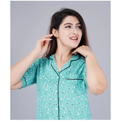PKRKART Women's Casual Half Sleeve Printed Viscose Rayon Shirt With Pyjama Pant Night Suit Set (Green)