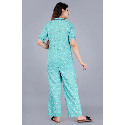 PKRKART Women's Casual Half Sleeve Printed Viscose Rayon Shirt With Pyjama Pant Night Suit Set (Green)