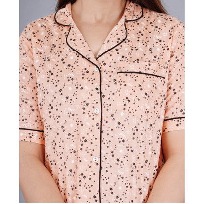 PKRKART Women's Casual Half Sleeve Printed Viscose Rayon Shirt With Pyjama Pant Night Suit Set (Peach)