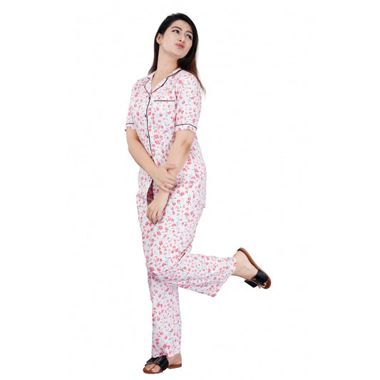 PKRKART Women's Casual Half Sleeve Printed Viscose Rayon Shirt With Pyjama Pant Night Suit Set (Baby Pink)