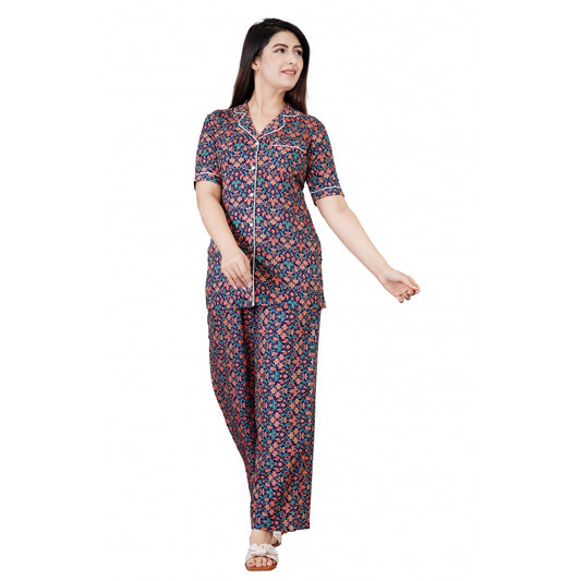 PKRKART Women's Casual Half Sleeve Printed Viscose Rayon Shirt With Pyjama Pant Night Suit Set (Blue)