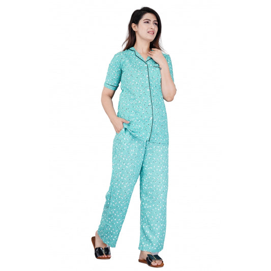 PKRKART Women's Casual Half Sleeve Printed Viscose Rayon Shirt With Pyjama Pant Night Suit Set (Green)