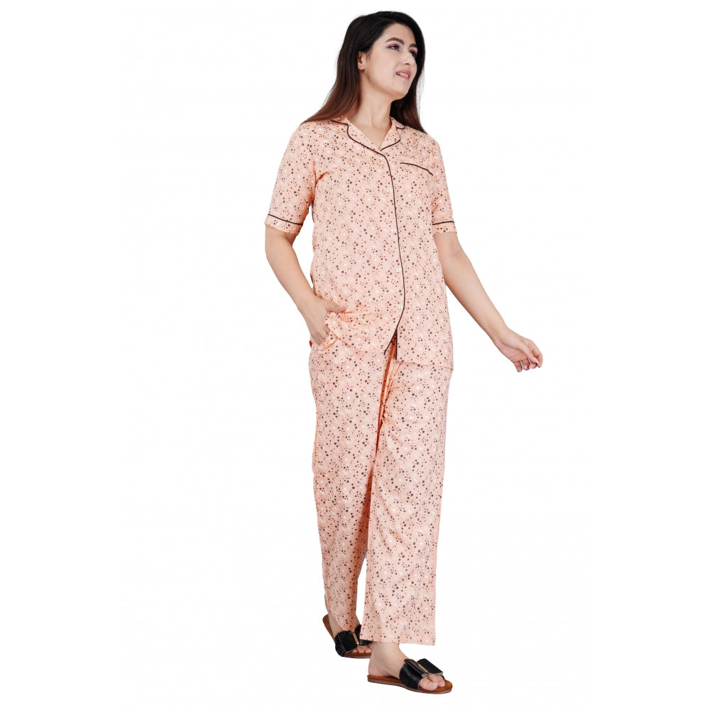 PKRKART Women's Casual Half Sleeve Printed Viscose Rayon Shirt With Pyjama Pant Night Suit Set (Peach)