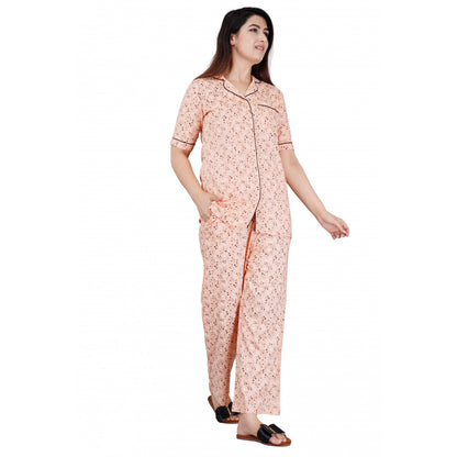 PKRKART Women's Casual Half Sleeve Printed Viscose Rayon Shirt With Pyjama Pant Night Suit Set (Peach)