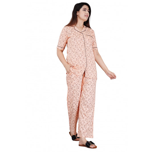 PKRKART Women's Casual Half Sleeve Printed Viscose Rayon Shirt With Pyjama Pant Night Suit Set (Peach)