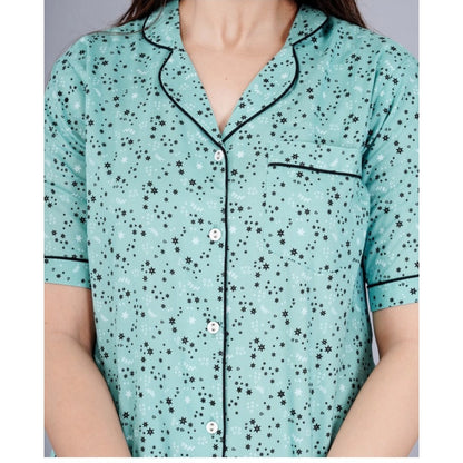 PKRKART Women's Casual Half Sleeve Printed Viscose Rayon Shirt With Pyjama Pant Night Suit Set (Green)
