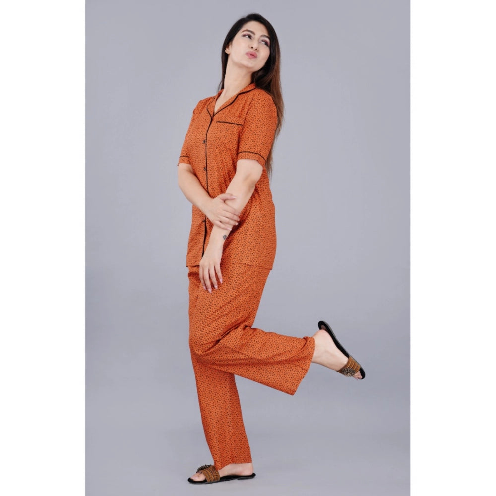 PKRKART Women's Casual Half Sleeve Printed Viscose Rayon Shirt With Pyjama Pant Night Suit Set (Brown)