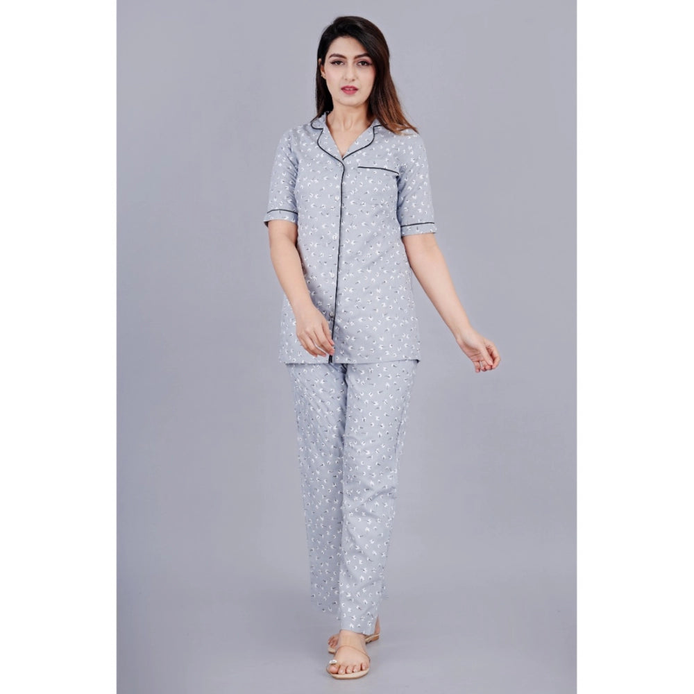 PKRKART Women's Casual Half Sleeve Printed Viscose Rayon Shirt With Pyjama Pant Night Suit Set (Grey)