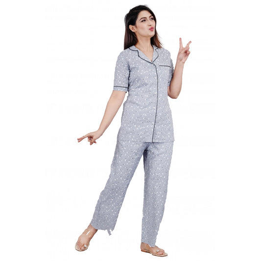 PKRKART Women's Casual Half Sleeve Printed Viscose Rayon Shirt With Pyjama Pant Night Suit Set (Grey)
