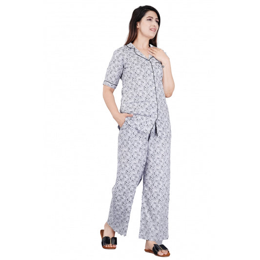 PKRKART Women's Casual Half Sleeve Printed Viscose Rayon Shirt With Pyjama Pant Night Suit Set (Grey)
