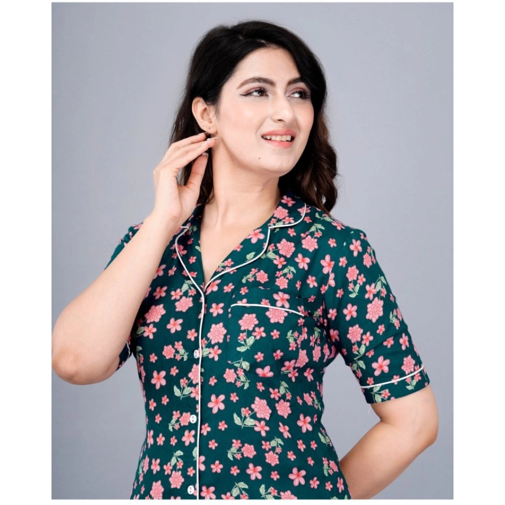 PKRKART Women's Casual Half Sleeve Printed Viscose Rayon Shirt With Pyjama Pant Night Suit Set (Teal)