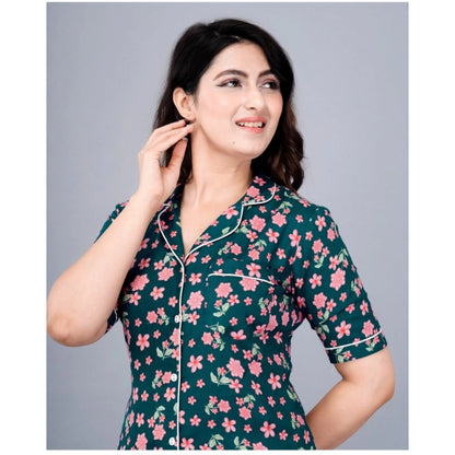 PKRKART Women's Casual Half Sleeve Printed Viscose Rayon Shirt With Pyjama Pant Night Suit Set (Teal)