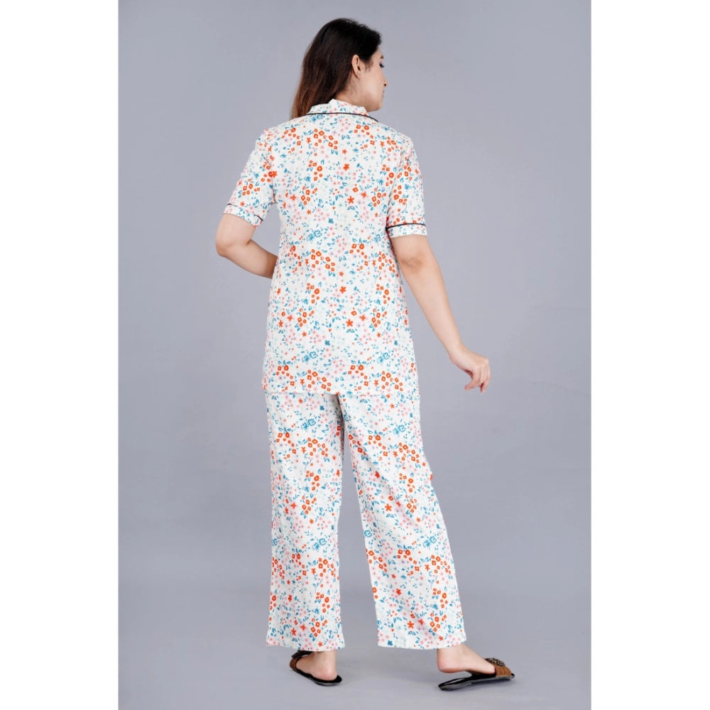 PKRKART Women's Casual Half Sleeve Printed Viscose Rayon Shirt With Pyjama Pant Night Suit Set (White)